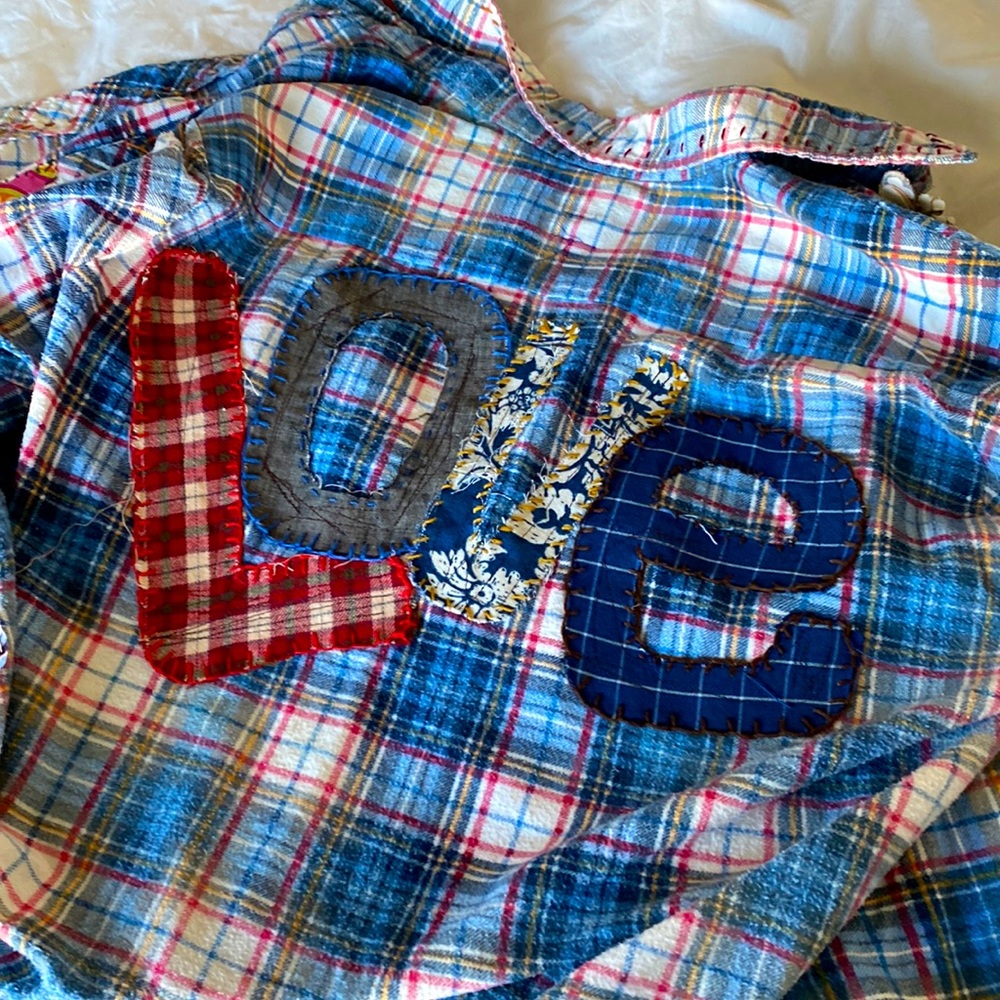XL LOVE repurposed flannel, up cycled shirt! Flower stitched Boho gypsy Unique